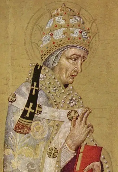 Saint Fabian wearing an anachronistic Papal tiara, by Giovanni di Paolo, c. 1450
