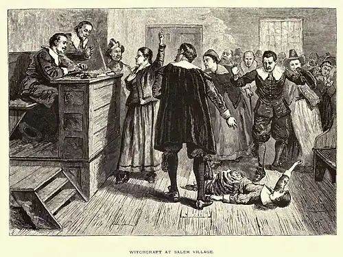 "Witchcraft at Salem Village", in Pioneers in the Settlement of America, Vol. 1, by William A. Crafts. Vol. I Boston: Samuel Walker & Company, 1876, p.&nbsp;452; illustration likely by F. O. C. Darley or Granville Perkins (not specifically attributed)