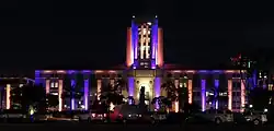 Building lit in Los Angeles Lakers colors shortly after the death of Kobe Bryant
