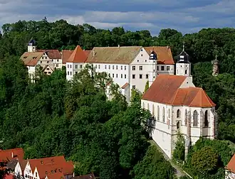 The castle church in Haigerloch, taken from the upper town.