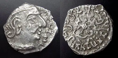 Coin of Gupta ruler Chandragupta II (r.380–415) in the style of the Western Satraps.[98]