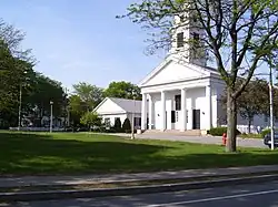 Slatersville Green and the Congregational Church meeting house which the Slaters donated and attended