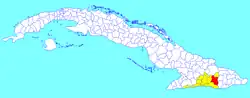 Songo - La Maya municipality (red) within Santiago Province (yellow) and Cuba