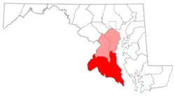 A map of the counties of Southern Maryland. According to the state of Maryland, the region includes all of Calvert, Charles, and St. Mary's counties (red) and the southern portions of Anne Arundel and Prince George's counties (light red)[1]
