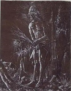 Man of Sorrows, chiaroscuro drawing on coloured paper, 1516, by Hans Springinklee
