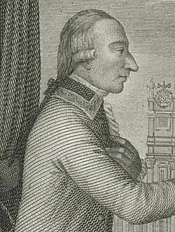 Black and white print shows a clean-shaven man with an 18th century wig wearing a light-colored military uniform.