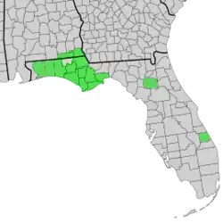 Map of Alabama and Florida with counties of distribution of Symphyotrichum chapmanii shaded in green: Primarily the Apalachicola River drainage basin. Alabama counties — Geneva and Houston; Florida counties — Alachua, Bay, Calhoun, Franklin, Gulf, Jackson, Liberty, Okaloosa, Santa Rosa, St. Lucie, Wakulla, Walton, and Washington.