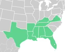 Symphyotrichum pratense distribution map: US — Alabama, Arkansas, Florida, Georgia, Kentucky, Louisiana, Mississippi, Tennessee, Texas, and Virginia.