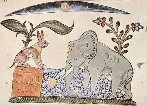 Hare fools Elephant by showing the moon's reflection. Arabic, 1354