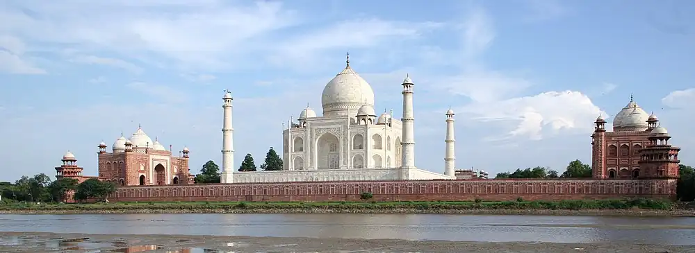 Taj Mahal and outlying buildings as seen from across the Yamuna River (northern view)