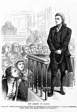 "The Legend of Salem: The Rev. George Burroughs was accused of witchcraft on the evidence of feats of strength, tried, hung and buried beneath the gallows," Illustration for "Some Legends of the New England Coast," Part III, by Harriet Prescott Spofford, Frank Leslie's illustrated newspaper, v. 31, (1871 Feb. 4), p.&nbsp;345.