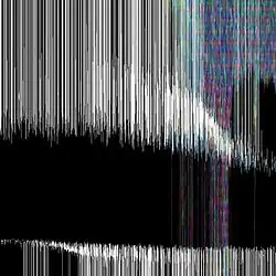 A series of thin white lines on a black background, with a rainbow effect at the far right