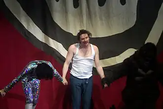 A performance of the stageshow The Mighty Boosh Live at the Brighton Dome. From left to right; Noel Fielding, Julian Barratt, Dave Brown. February 2006
