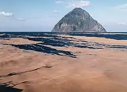 Pumice stones lifted by the eruption fill the surface of the sea. The distant island is South Iwo Jima (Jan 20, 1986)