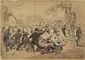 This image shows people on the goldfields in Australia at a dance in 1854.