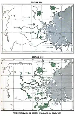 Two maps showing the open spaces of Boston in 1892 and 1902