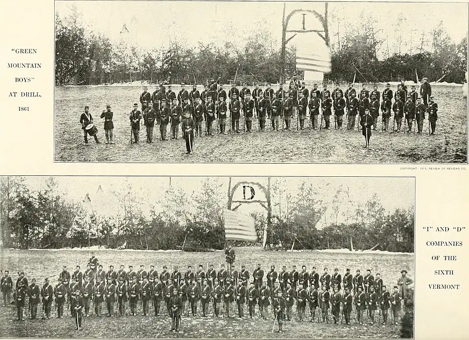 Scanned image with two photographs of regiments posed in camp, labeled as the "Green Mountain Boys" and the "I and D Companies" of the 6th Vermont