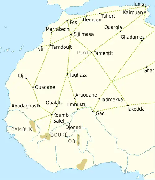 Trade routes of the western Saharan Desert, c. 1000–1500. Goldfields are indicated by light brown shading.