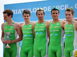 Javier Gómez with his two main rivals, his team mates Alistair and Jonathan Brownlee.