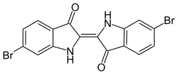 Structural formula of murex-based tyrian purple, the red-purple dye present in tekhelet indigo before exposure to sunlight. (note the two bromides: in marine environments, sodium bromide is abundant. It is far less abundant in terrestrial environments[citation needed])