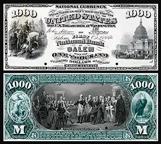 $1,000 National Bank Note proof, Series 1875, Fr.465, vignette depicting (obv) Scott's entrance into Mexico City (rev) Washington surrendering his commission.