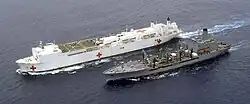 Tippecanoe and Military Sealift Command hospital ship USNS&nbsp;Mercy&nbsp;(T-AH-19) conduct a replenishment at sea in the Indian Ocean on 8 April 2005.