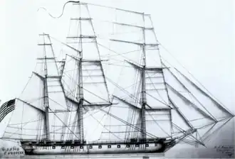 A black and white drawing of a ship's sails. The ship has 3 masts in which all sails are set and full of wind. The bow of the ship is pointed to right of the frame.