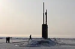 Alexandria submerged after surfacing through 2&nbsp;ft (60&nbsp;cm) of ice during ICEX-07, a joint U.S. Navy/Royal Navy exercise.