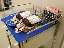 Units of blood collected during the 69th ADA Blood Drive at the Robertson Blood Center at Fort Hood, Texas on September 18, 2009.