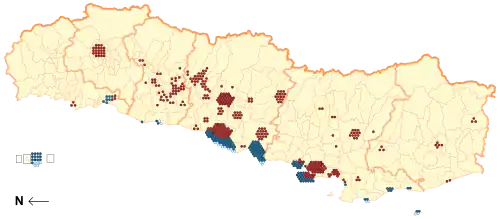 Geographic distribution of the death toll (red: caused by the earthquake; blue: caused by the tsunami).