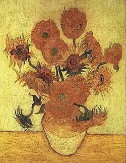 Sunflowers (F457), replica of the 4th version (yellow green background) Oil on canvas, 100 × 76&nbsp;cm Sompo Museum of Art, Tokyo, Japan.[12]
