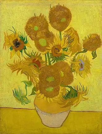Sunflowers (F458), repetition of the 4th version (yellow background) Oil on canvas, 95 × 73&nbsp;cm Van Gogh Museum, Amsterdam, Netherlands.