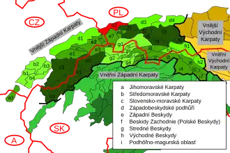 Silesian Foothills, marked in red and labeled with D2