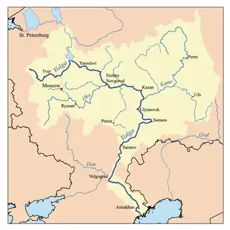 Map of the drainage basin of the Volga and Kama.