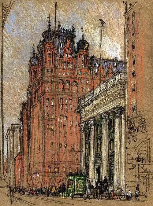 The Waldorf-Astoria at its original location, Fifth Avenue and 34th Street. Drawing by Joseph Pennell, c. 1904-08.