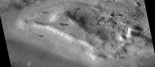 Lobate debris aprons (LDAs) around a mesa, as seen by CTX. Mesa and LDAs are labeled so one can see their relationship. Radar studies have determined that LDAs contain ice; therefore these can be important for future colonists of Mars. Location is Ismenius Lacus quadrangle.