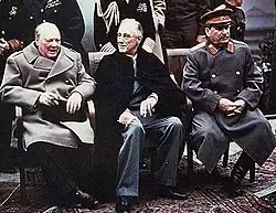 Winston Churchill in a British Warm coat; Stalin in a greatcoat, Yalta, 1945.