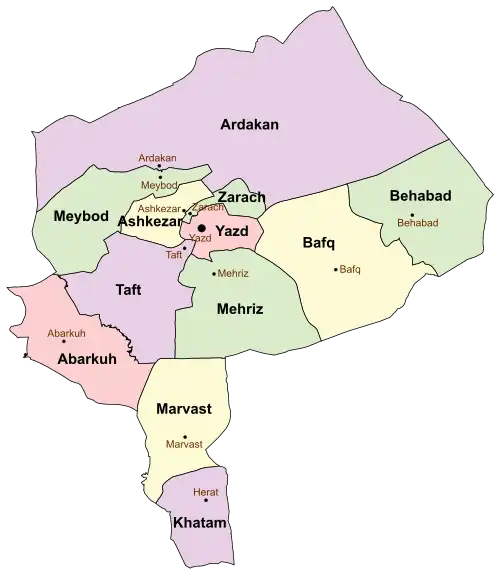 Location of Ashkezar County in&nbsp;Yazd&nbsp;province (center&nbsp;left,&nbsp;yellow)