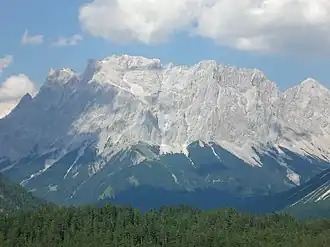 Zugspitze Massif including Schneefernerkopf (centre left, 2,874&nbsp;m or 9,429&nbsp;ft)