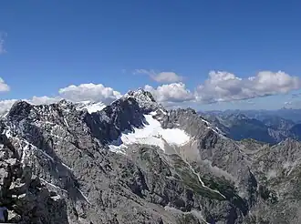 Zugspitze (2,962&nbsp;m or 9,718&nbsp;ft) seen from the Alpspitze