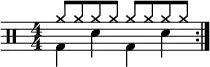 
    \new Staff <<
       \new voice \relative c' {
           \clef percussion
           \numericTimeSignature
           \time 4/4
           \set Score.tempoHideNote = ##t \tempo 4 = 100
           \stemDown \repeat volta 2 { g4 d' g, d' }
       }
       \new voice \relative c'' {
           \override NoteHead.style = #'cross
           \stemUp \repeat volta 2 { a8 a a a  a a a a }
       }
   >>