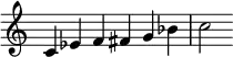 {
\override Score.TimeSignature #'stencil = ##f
\relative c' {
\clef treble \time 6/4
c4 es f fis g bes c2
} }