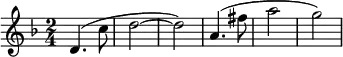 
 \relative c'
{
\clef treble \key f \major \time 2/4 d4.( c'8 d2~ d) a4.( fis'8 a2 g)
}
