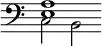 { \override Score.TimeSignature #'stencil = ##f \time 6/4 \clef bass << { <e a>1 } \\ { c2 b, } >> }